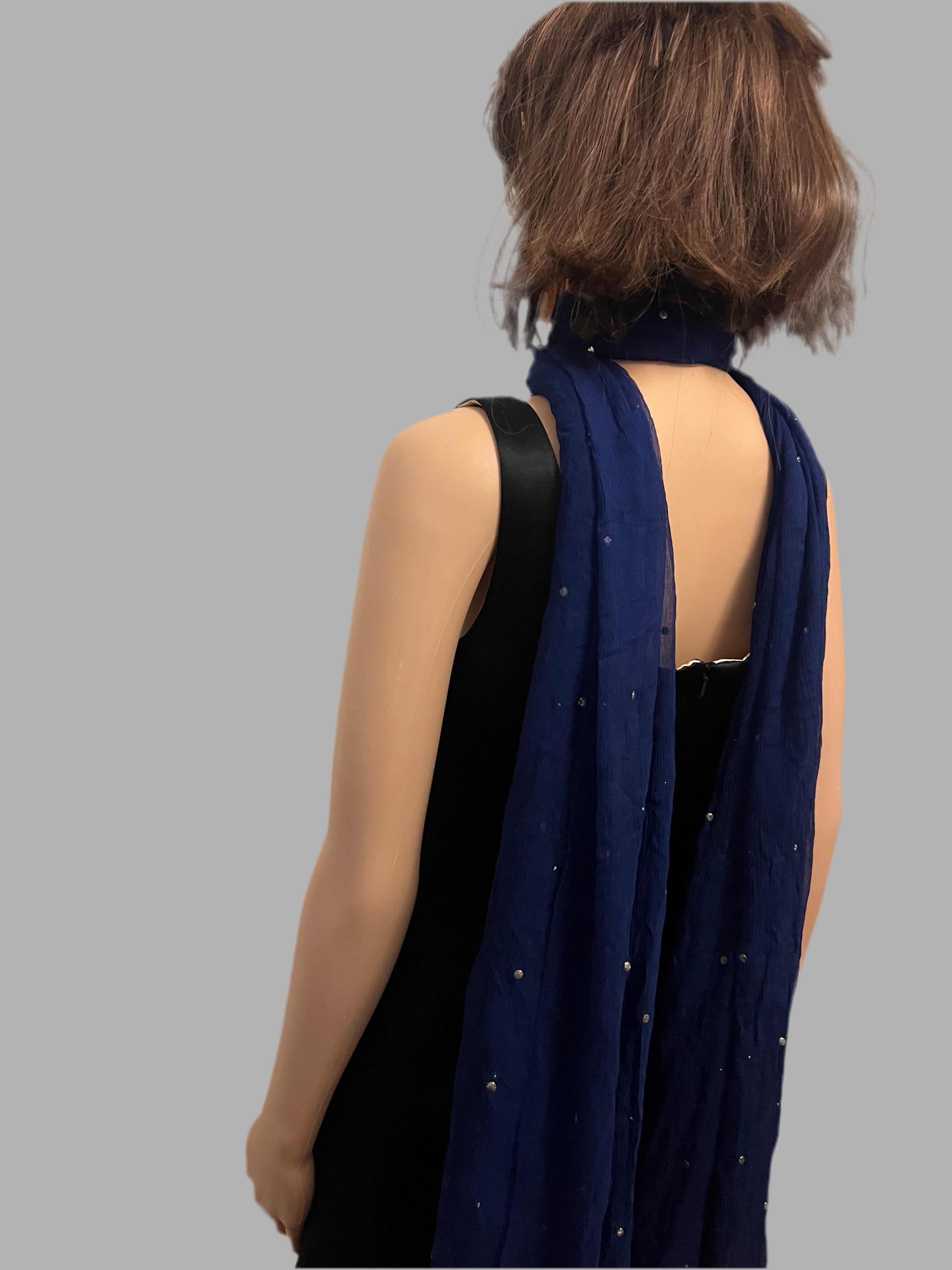 Royal Cobalt Blue Indian Crinkle Chiffon Fabric with Silver Decor