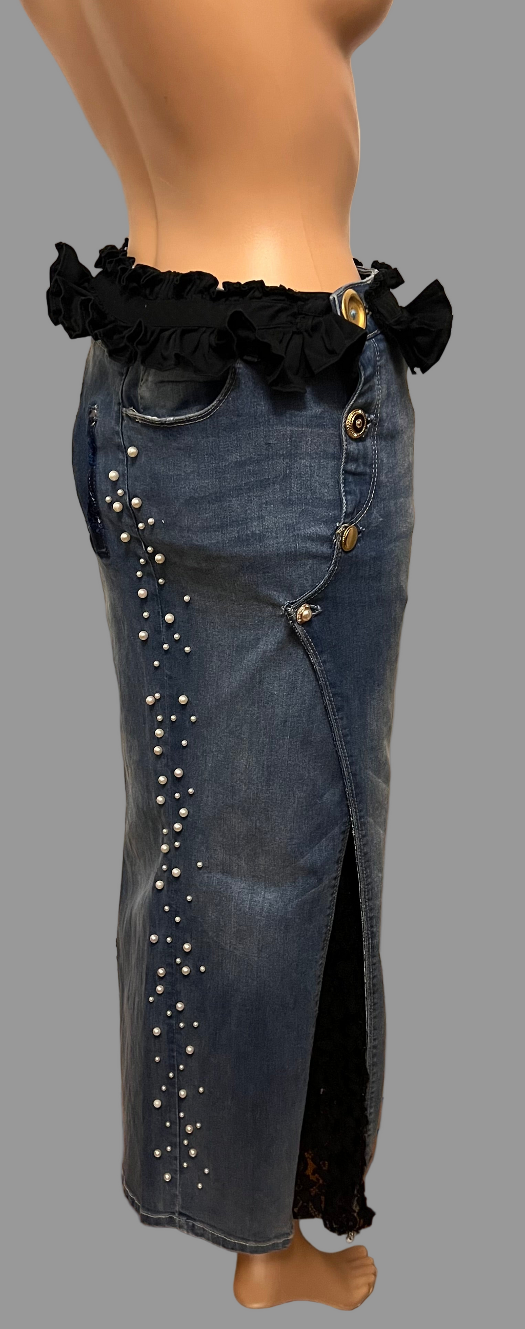 Hand-Sewn Upcycled Denim Skirt with Black Lace- Size 8