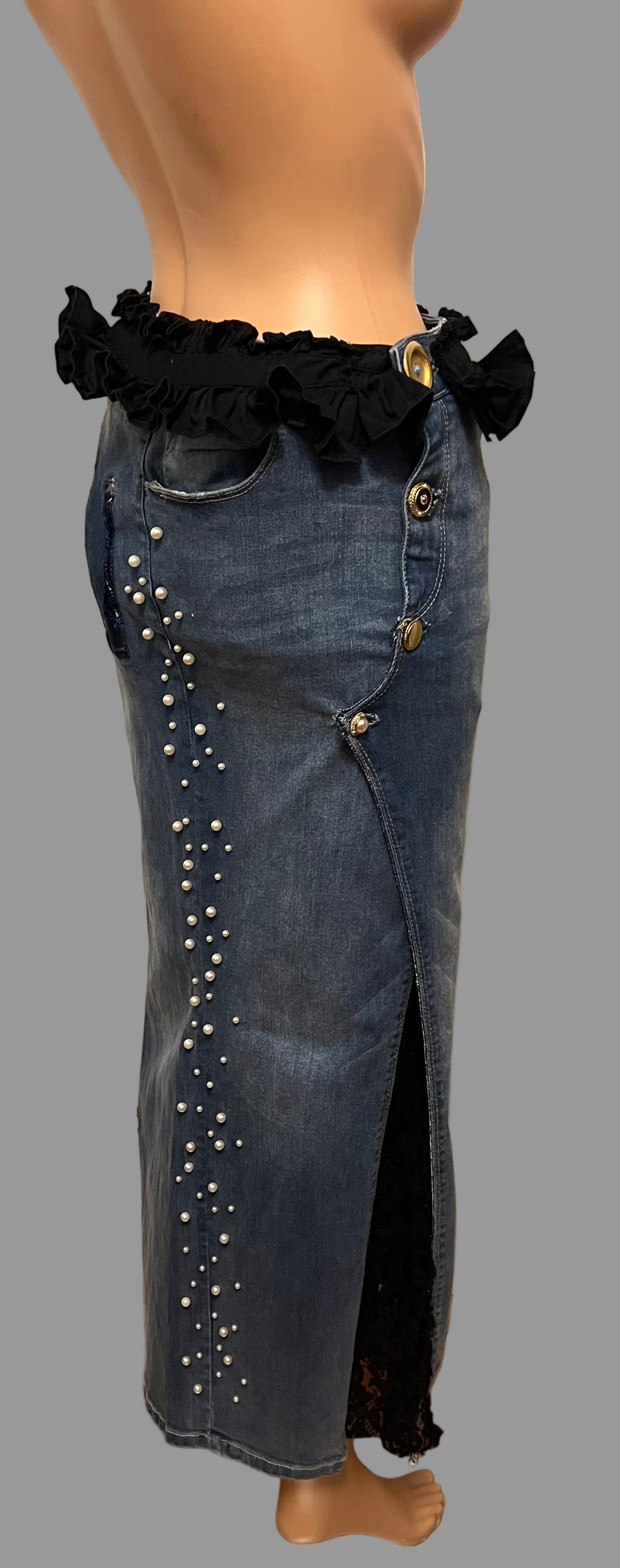 Hand-Sewn Upcycled Denim Skirt with Black Lace- Size 8