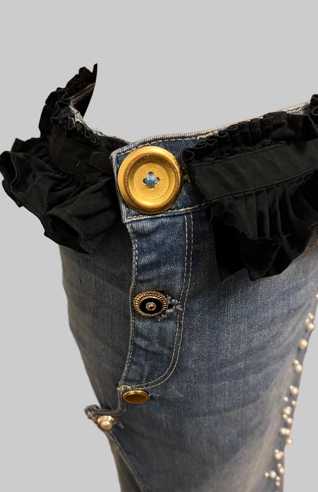 Hand-Sewn Upcycled Denim Skirt with Black Lace- Size 8