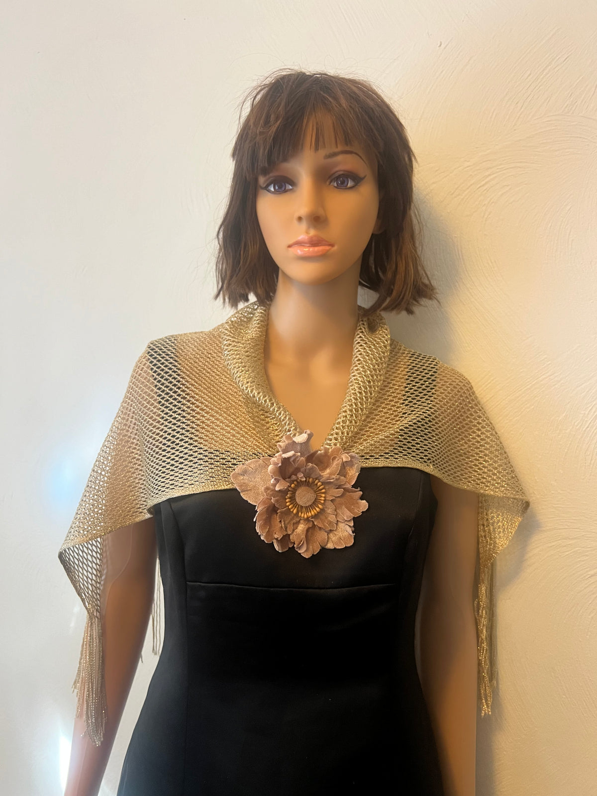Elegant Metallic Gold Mesh Evening Shawl with Floral Brooch