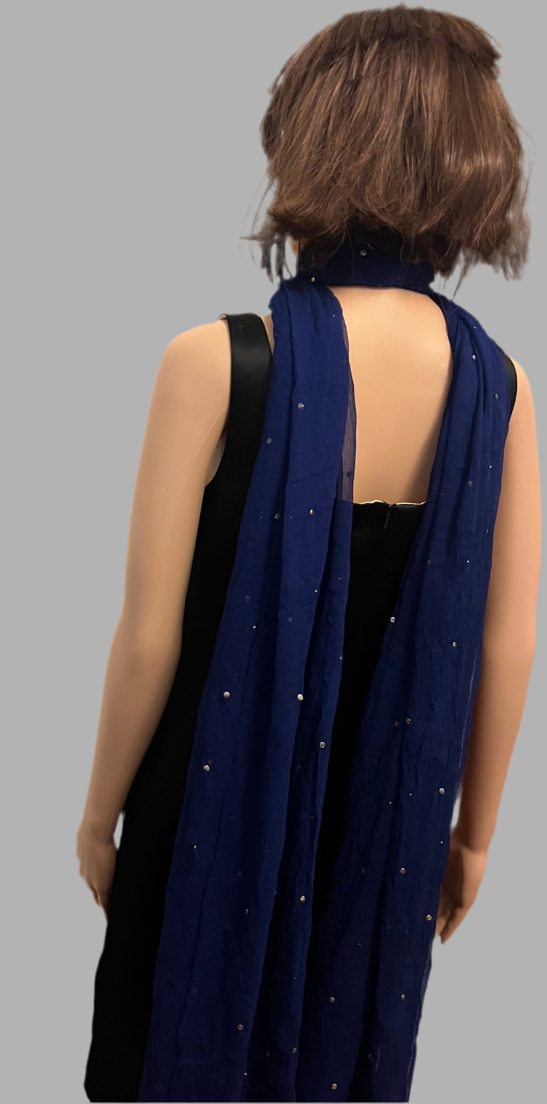 Royal Cobalt Blue Indian Crinkle Chiffon Fabric with Silver Decor