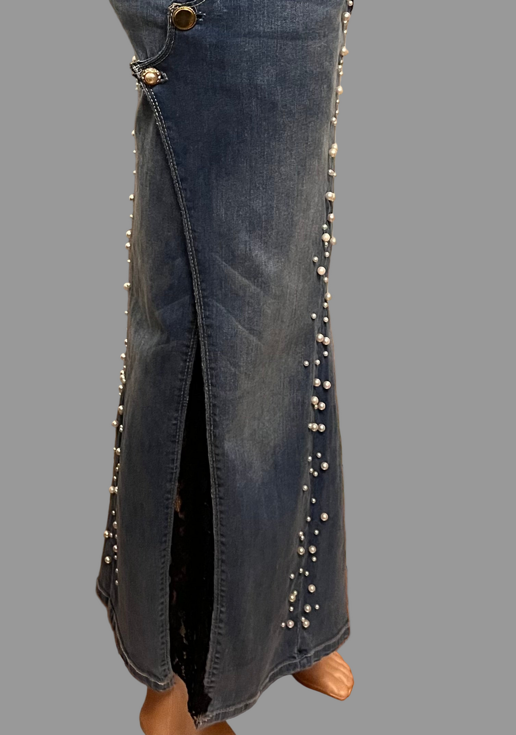 Hand-Sewn Upcycled Denim Skirt with Black Lace- Size 8