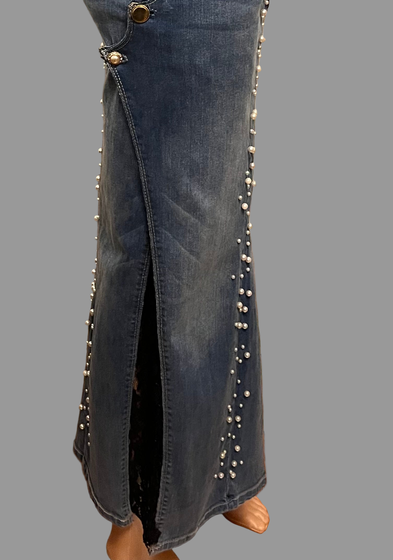 Hand-Sewn Upcycled Denim Skirt with Black Lace- Size 8