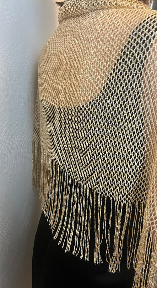 Elegant Metallic Gold Mesh Evening Shawl with Floral Brooch